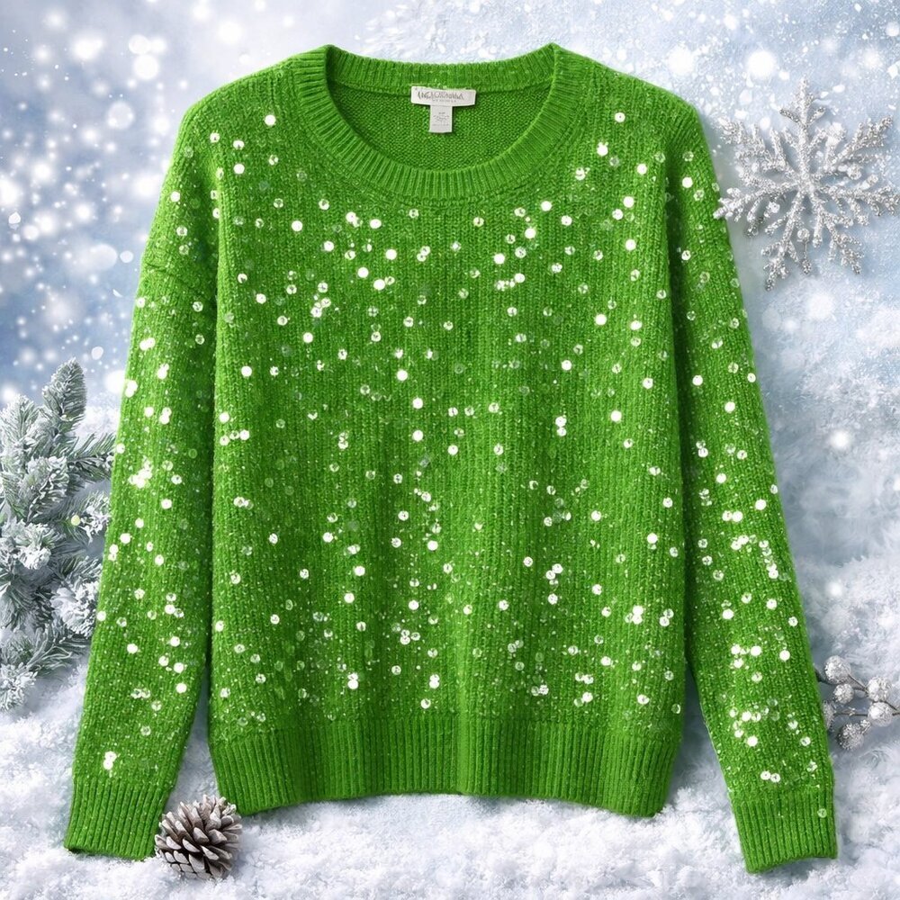 Cato Green Sequin Embellished Knit Sweater Crewneck Holiday Party NWT Sizes M XL